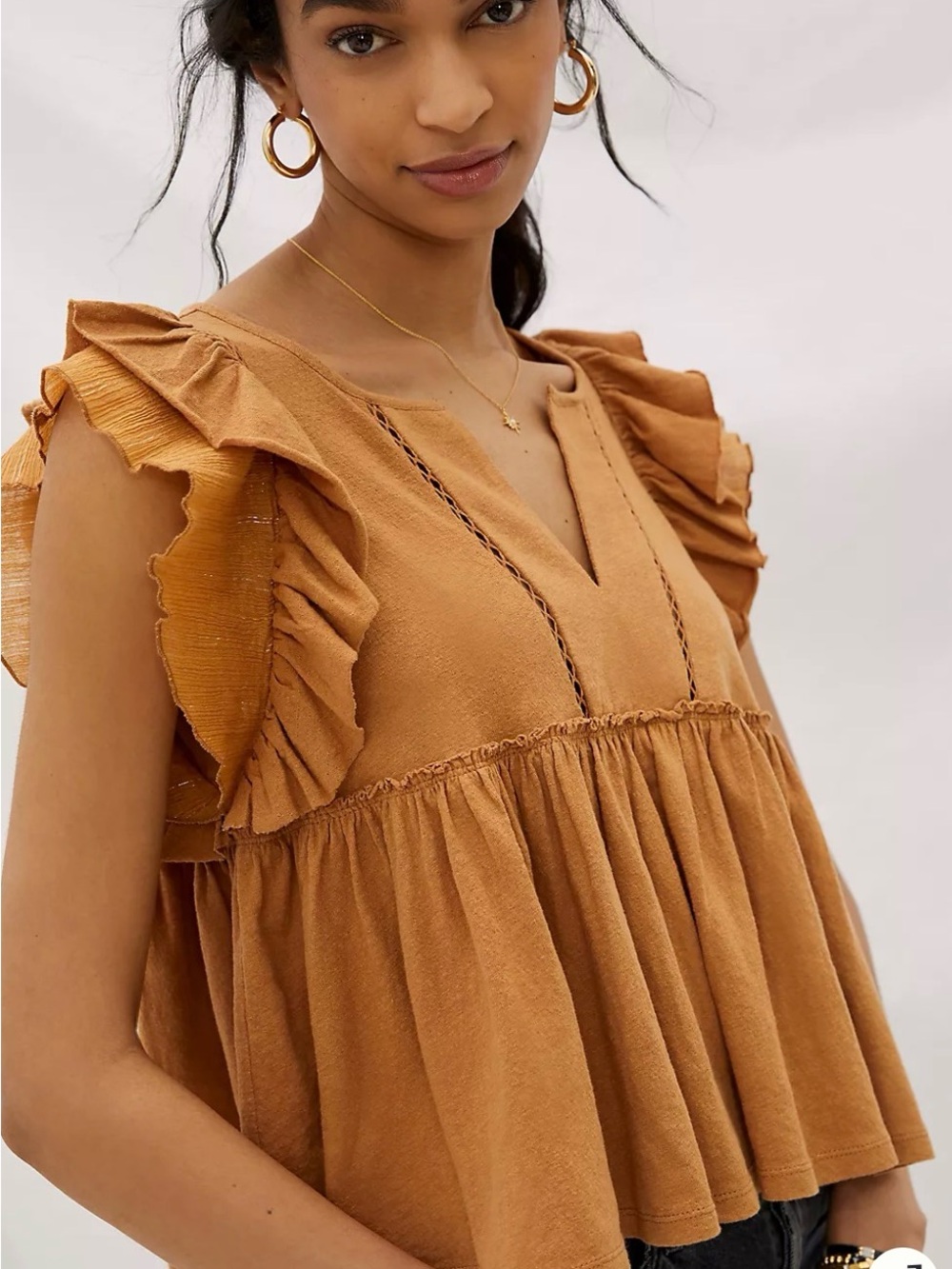 Anthropologie Caroline Cedar Ruffle Sleeve Babydoll Top Medium